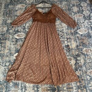 Blue B Collection Sleeve Brown Patterned Rayon Dress